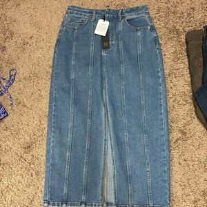 House of Harlow denim midi skirt with front slit